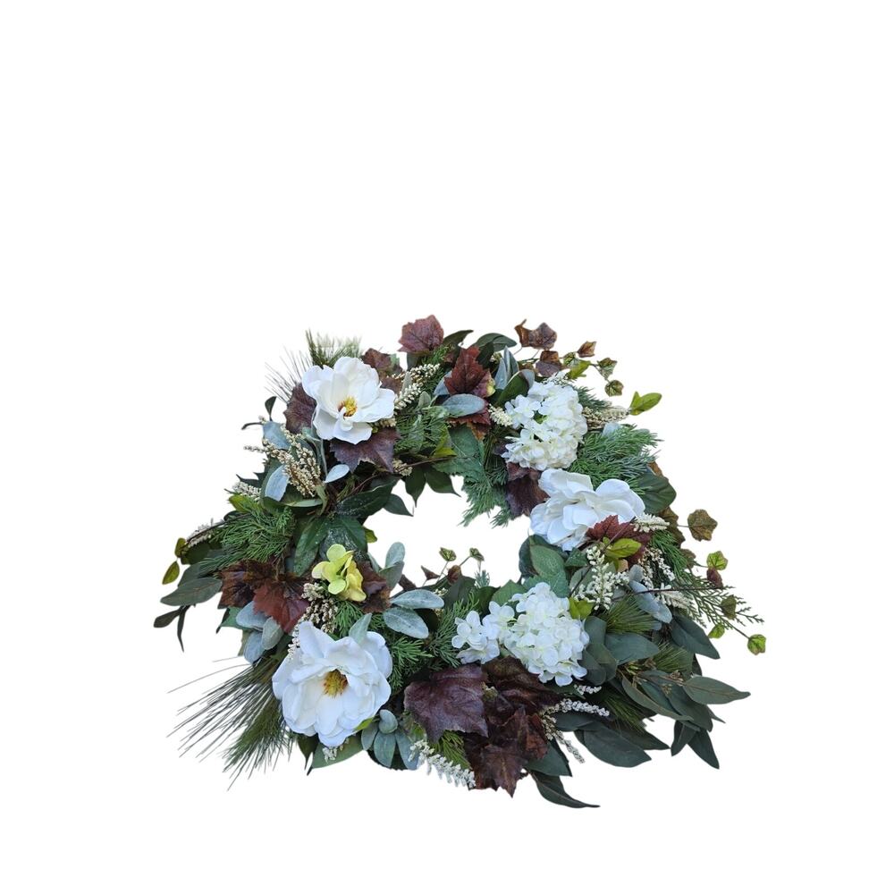 Handmade Wreath All Seasons Evergreen Peonies Carnation Ivy 28"